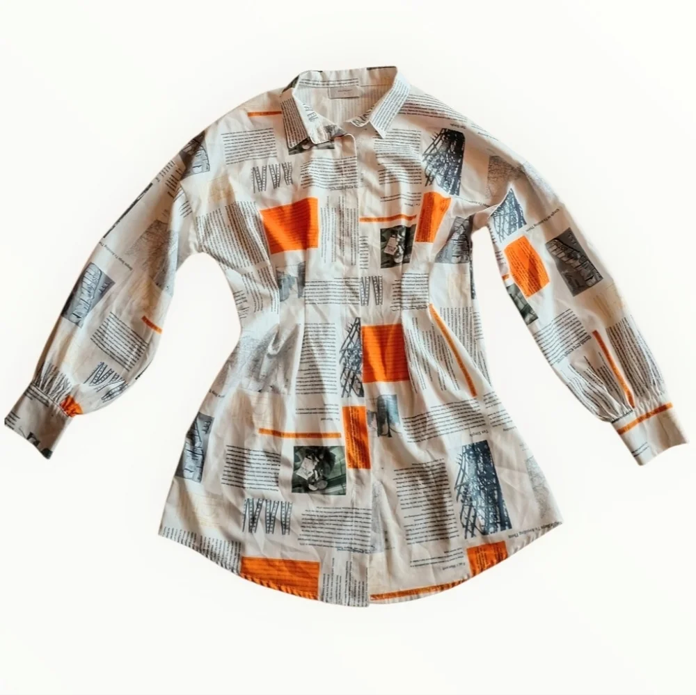 HALFHEART Shirt Dress Newspaper Print Button Down White Orange Gray LARGE - Picture 2 of 9